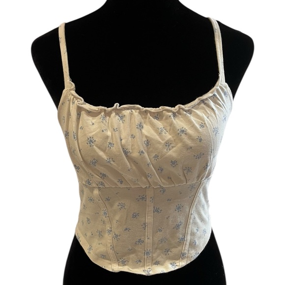 Hollister Tops - hollister white and blue floral ruffle milkmaid bustier tank top small